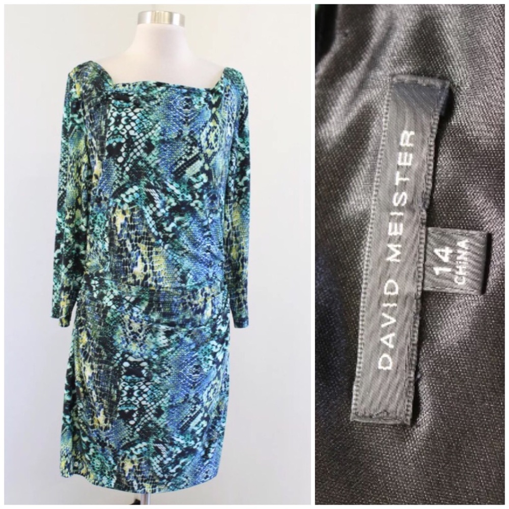 David Meister Snakeskin Print Ruched Wiggle Dress